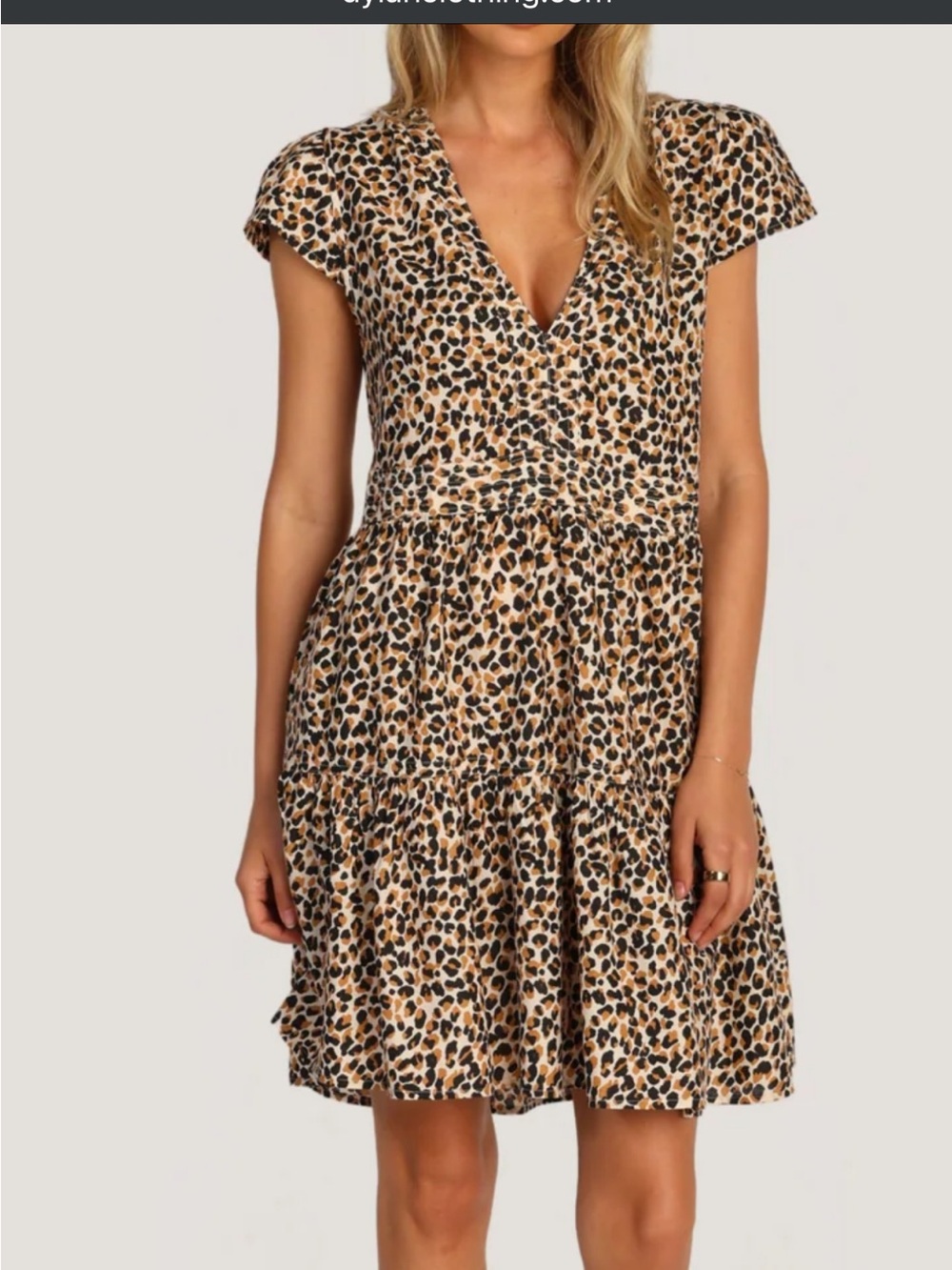 Blue Rain Beige Leopard Print V-Neck Tiered Mini Dress